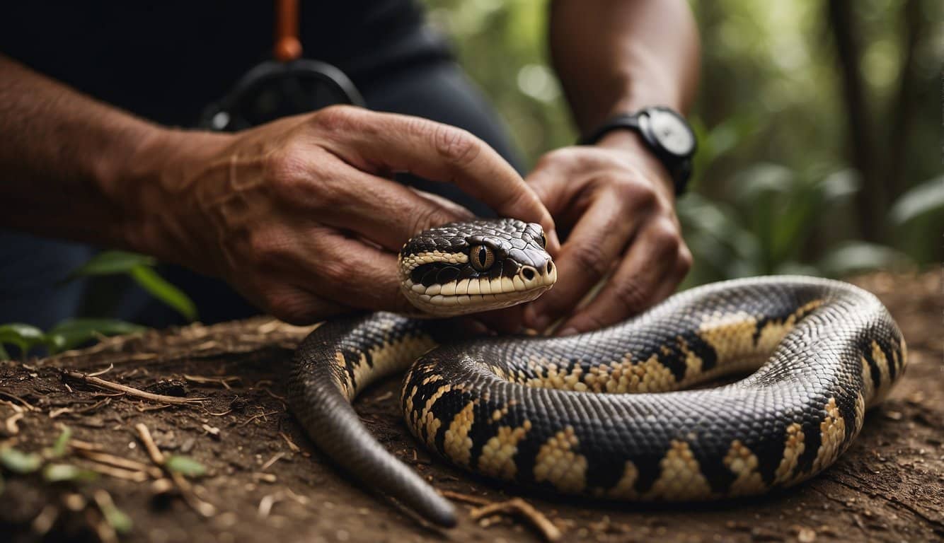 A snake bite kit and a person administering first aid to a snake in Santa Catarina, Brazil