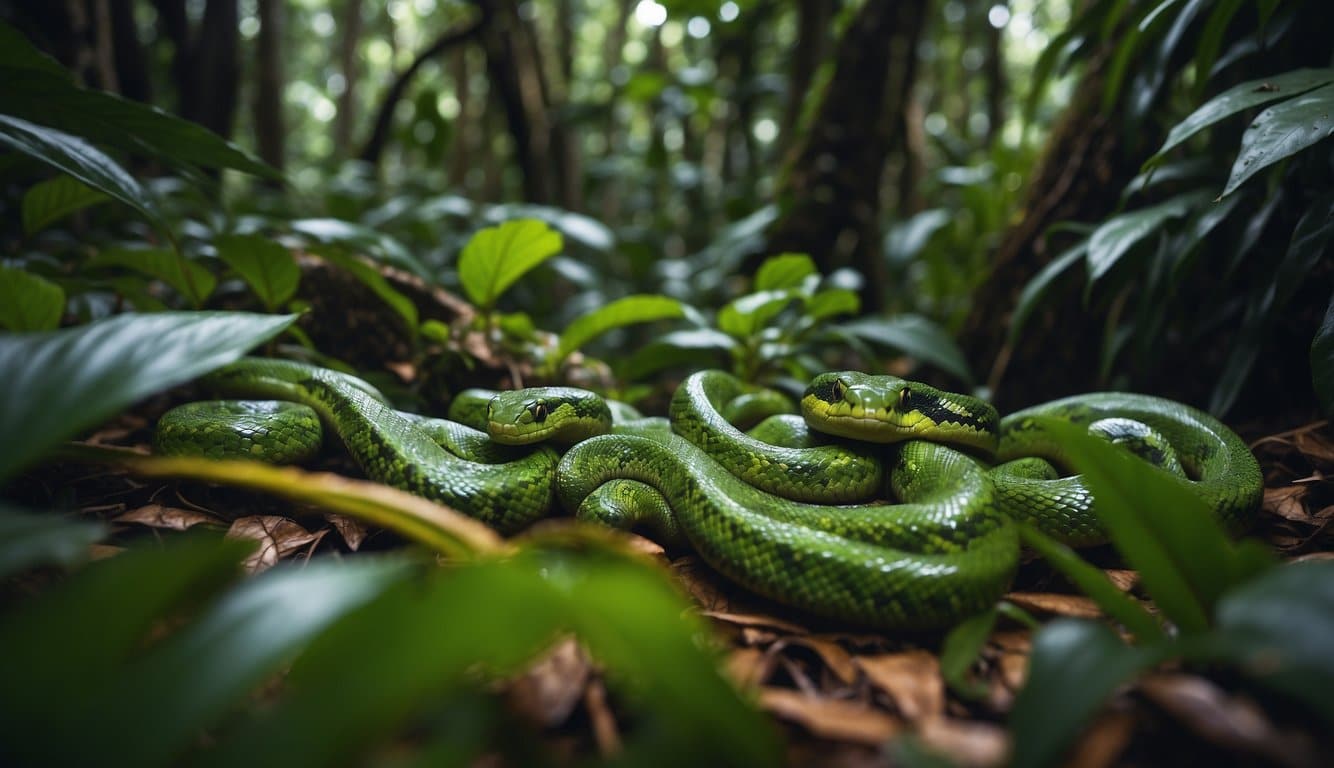 Cobras Do Sul Do Brasil: Conheça As Espécies Mais Comuns Na Região 3 Lush rainforest with colorful snakes slithering among vibrant flora and fauna in southern Brazil