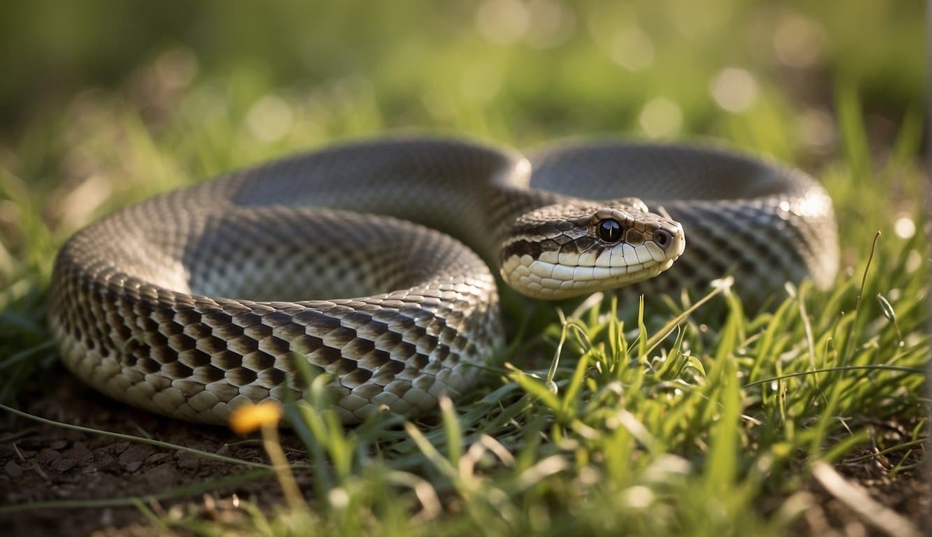 A rattlesnake coils around its prey, ready to strike. Other snakes slither through the grass, seeking mates