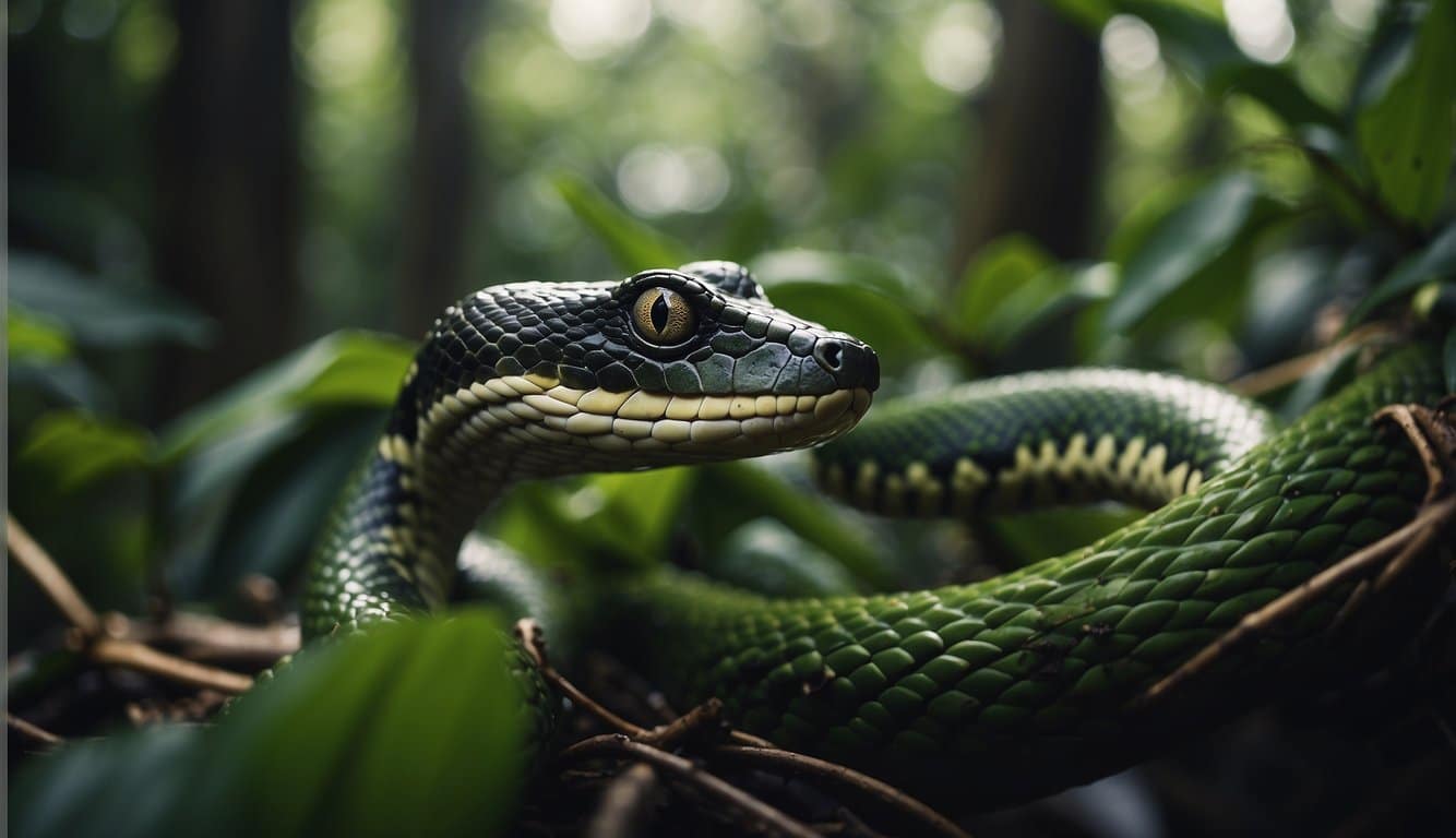 A jungle clearing with strange snakes slithering through dense foliage and tangled vines