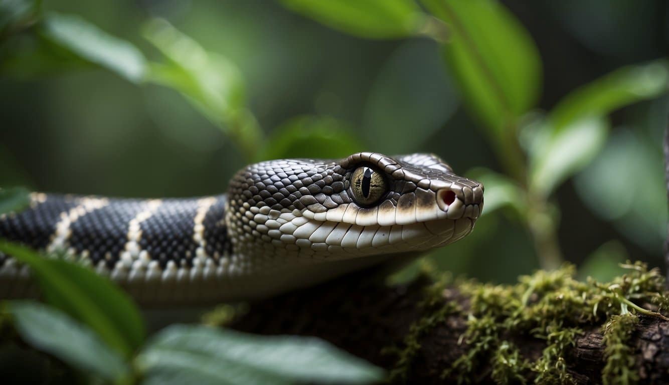 A cute snake slithers through a lush jungle, coiling around a tree branch. It flicks its tongue, searching for prey