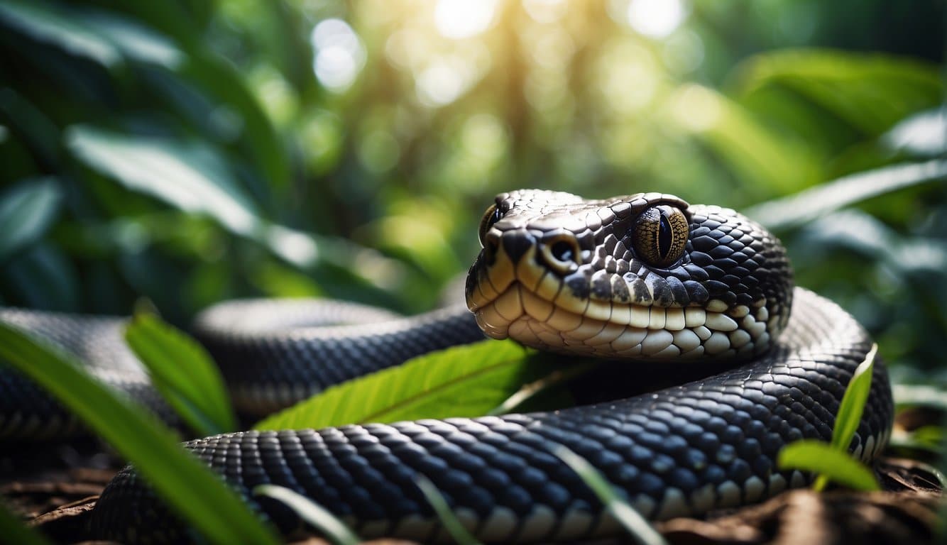 A giant Brazilian snake slithers through the dense jungle, its vibrant scales glistening in the sunlight as it hunts for prey