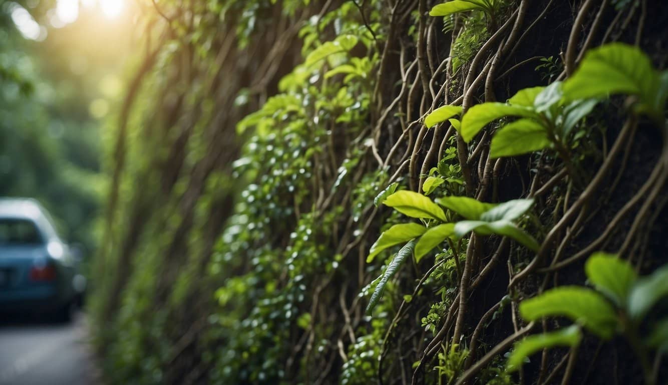 Urban interference and preservation of the Atlantic Forest depicted through tangled vines, diverse plant life, and hidden wildlife