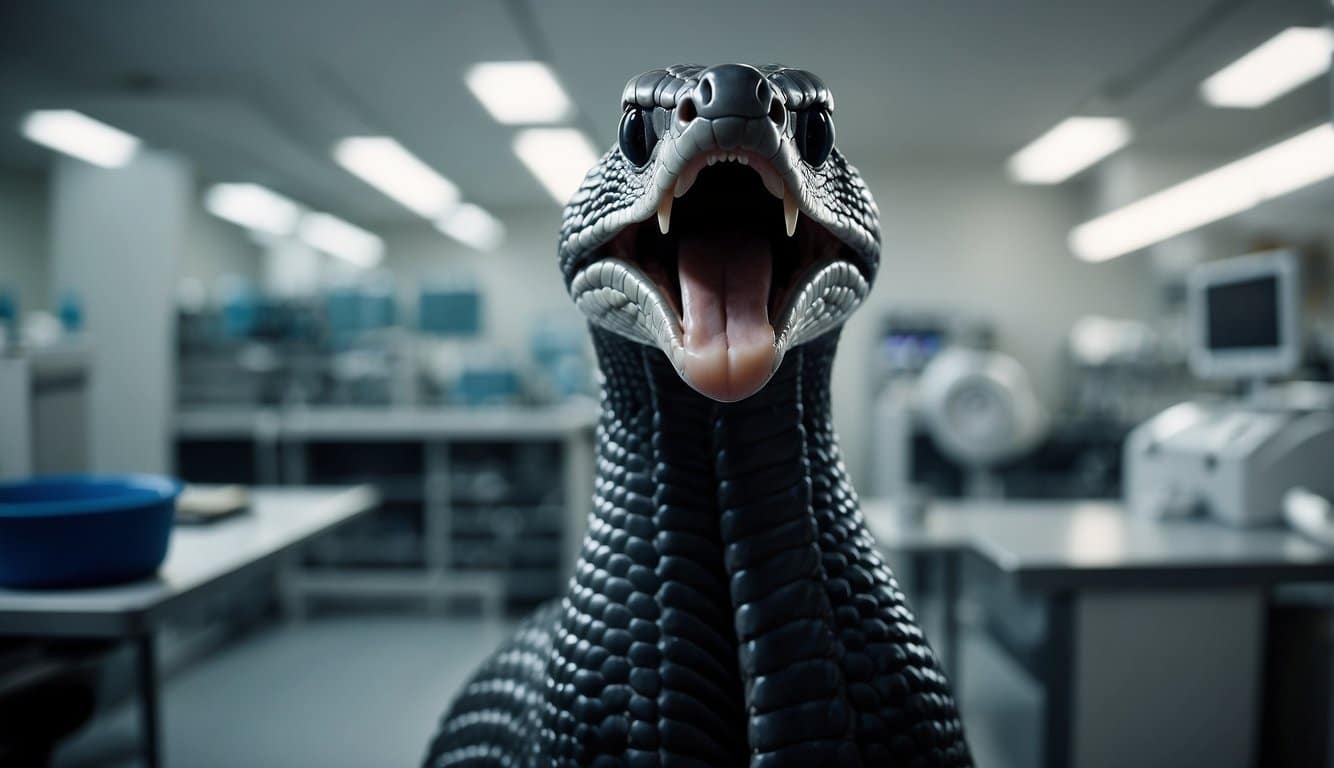 Cobras Najas: Características E Perigos Da Espécie 3 A cobra naja rears up, hood flared, fangs exposed. Scientific tools and medical equipment surround it in a research lab setting