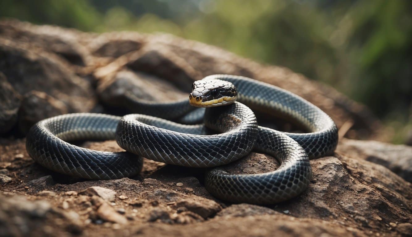 A venomous snake coiled in a rocky terrain in Minas Gerais, Brazil, with warning signs and antivenom kits nearby