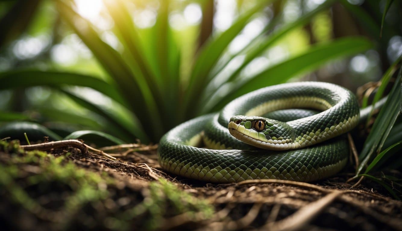 A snake slithers through a dense jungle, coiled around a coconut palm tree. The vibrant green leaves and rough, textured bark create a lush habitat for the snake
