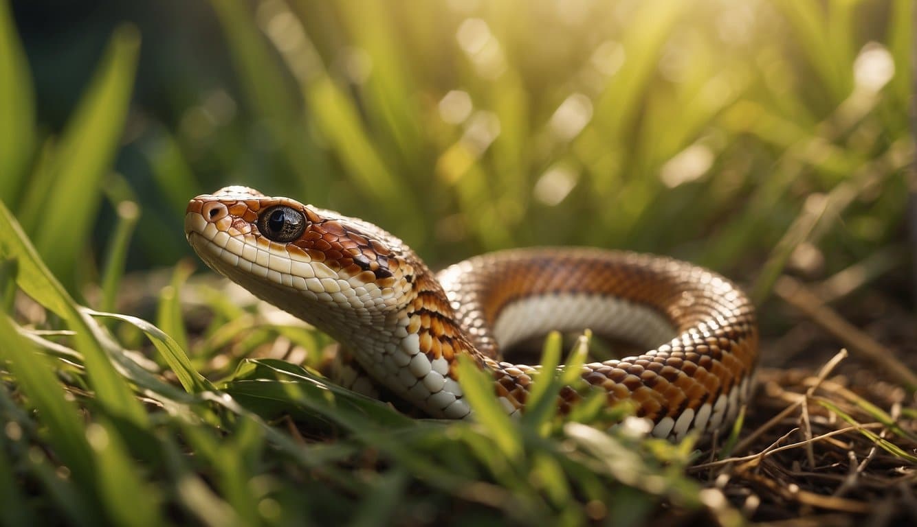 A corn snake slithers through a grassy field, its vibrant scales catching the sunlight as it searches for a mate