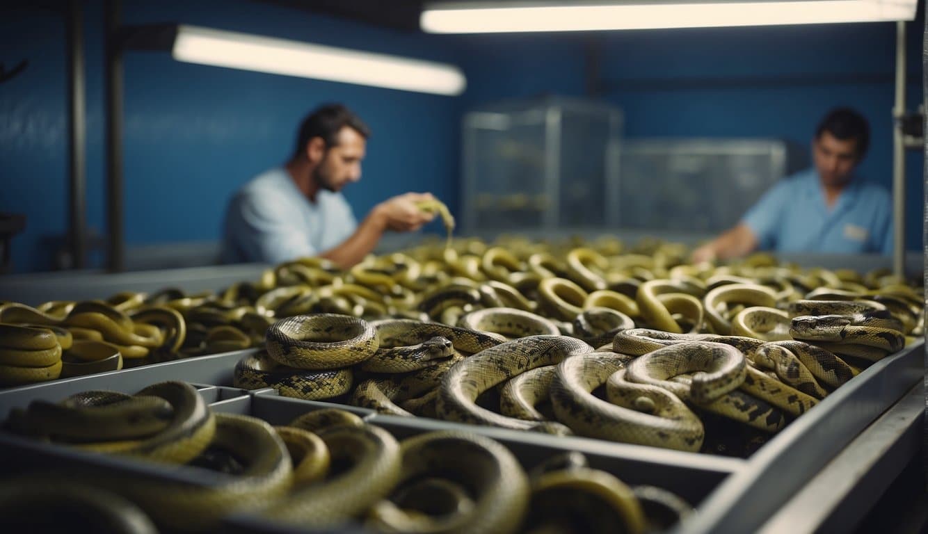 A snake breeder carefully selects and tends to various species in their snake breeding facility