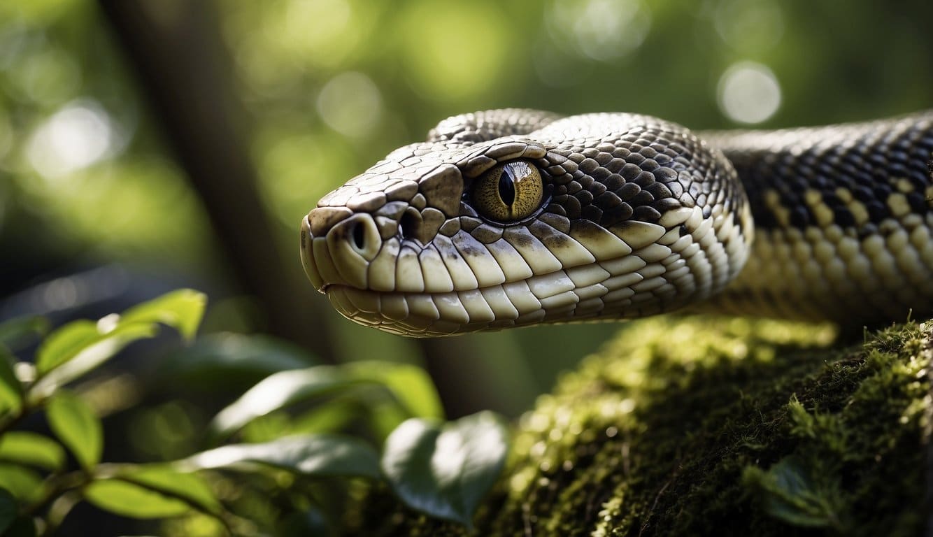 A snake slithers through a lush forest, its scales glistening in the sunlight as it moves with graceful curiosity