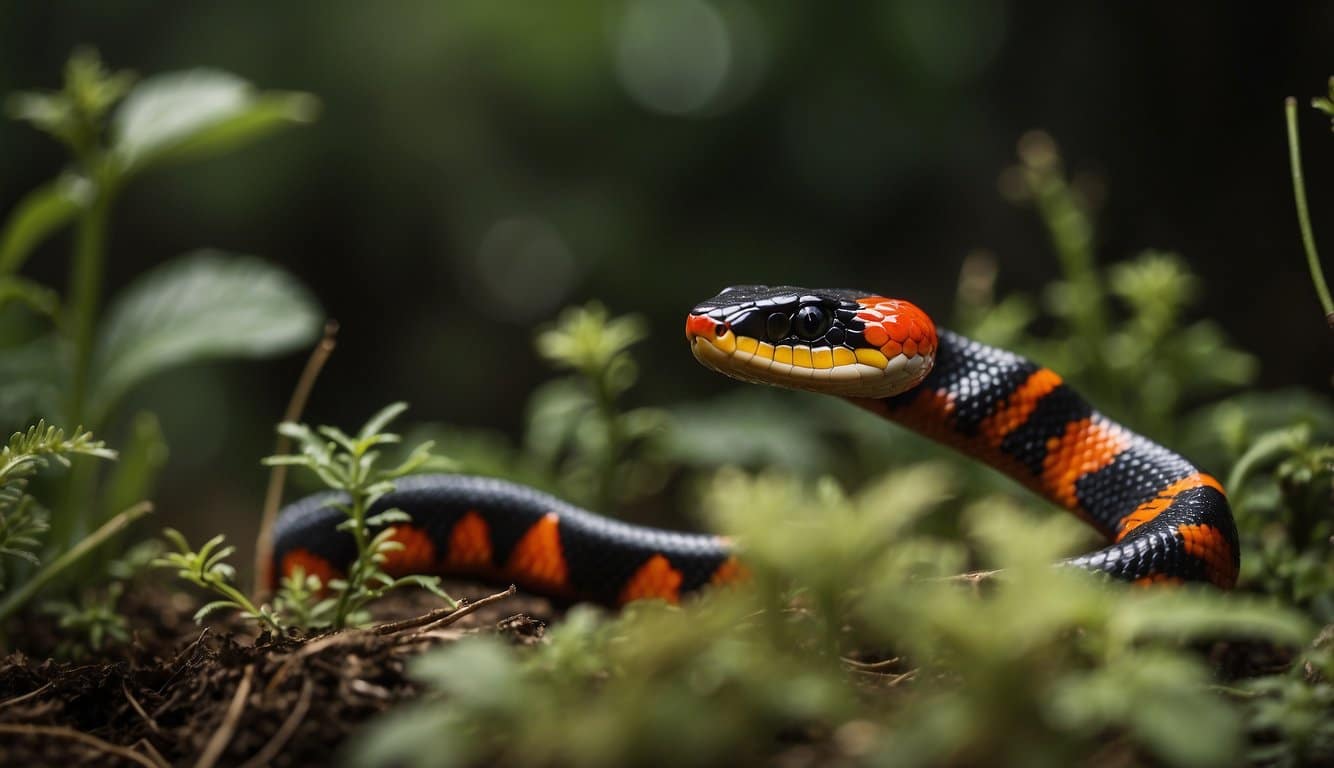 A red and black striped coral snake slithers gracefully through the dense underbrush, its flickering tongue tasting the air as it moves with stealth and precision