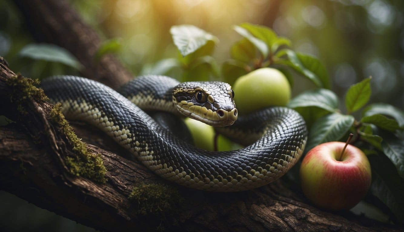 A serpent coiled around a tree with an apple, symbolizing temptation and knowledge