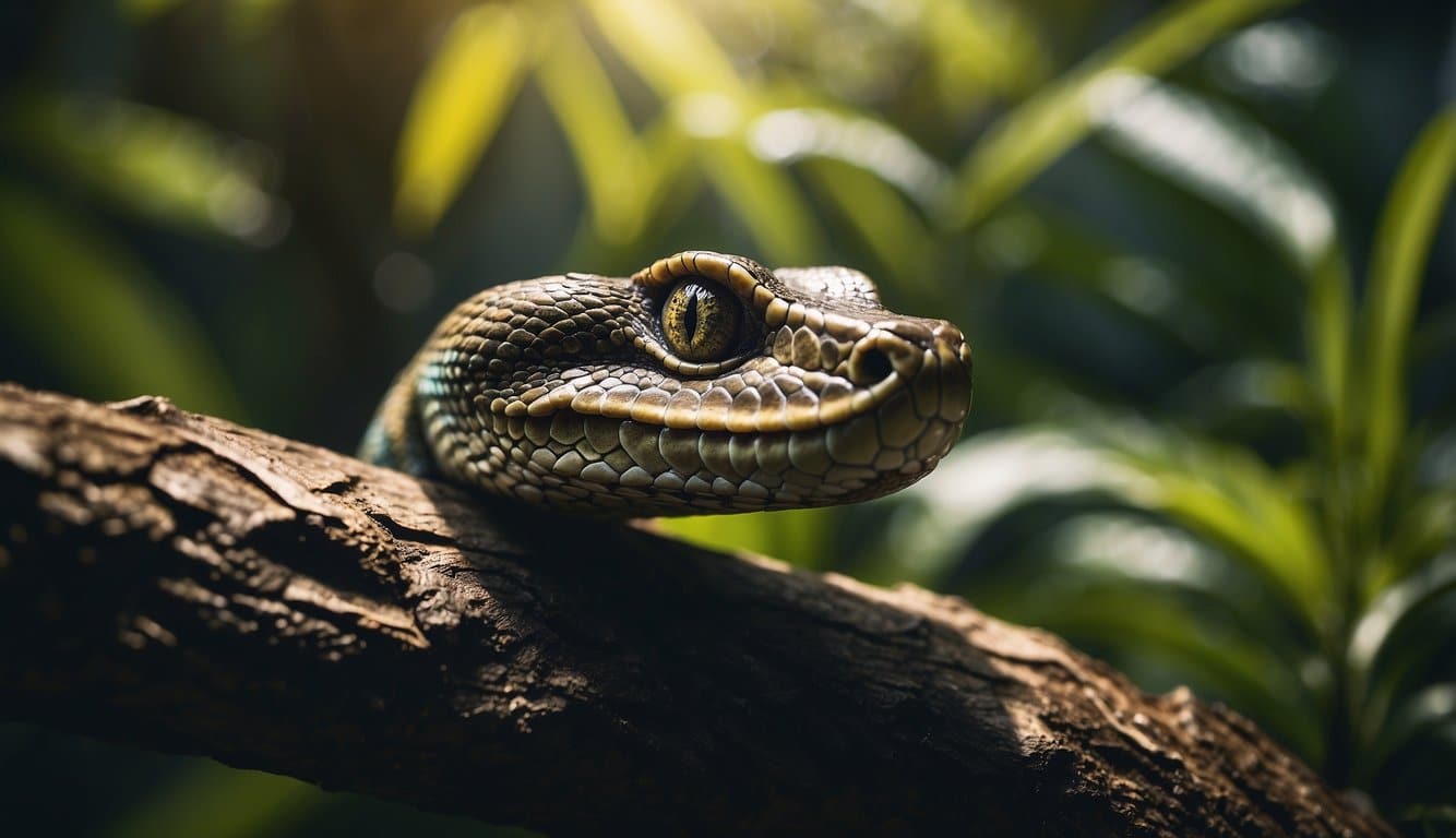 A dragon snake slithers through a dense jungle, its iridescent scales glinting in the dappled sunlight. It coils around a tree branch, its forked tongue flicking out as it searches for prey