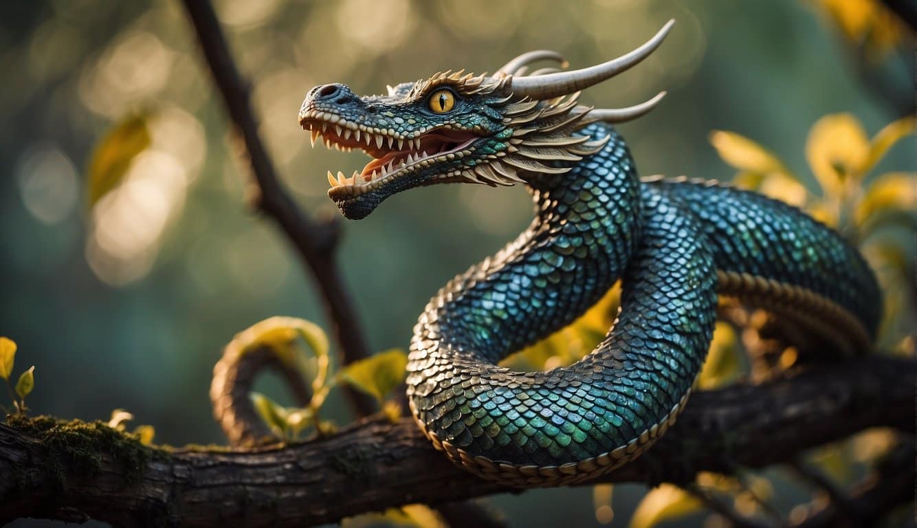 A long, sinuous dragon serpent with iridescent scales and piercing yellow eyes, coiled around a gnarled tree branch, ready to strike