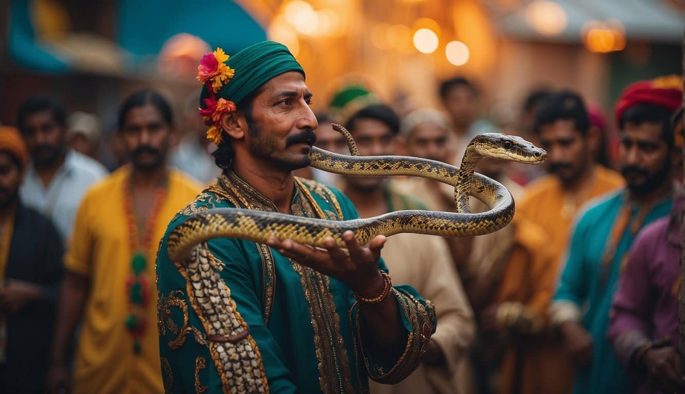 Encantador De Serpentes: O Que É E Como Funciona A Técnica Milenar De Domar Cobras 3 A snake charmer performs with a mesmerizing dance, surrounded by colorful serpents and a captivated audience