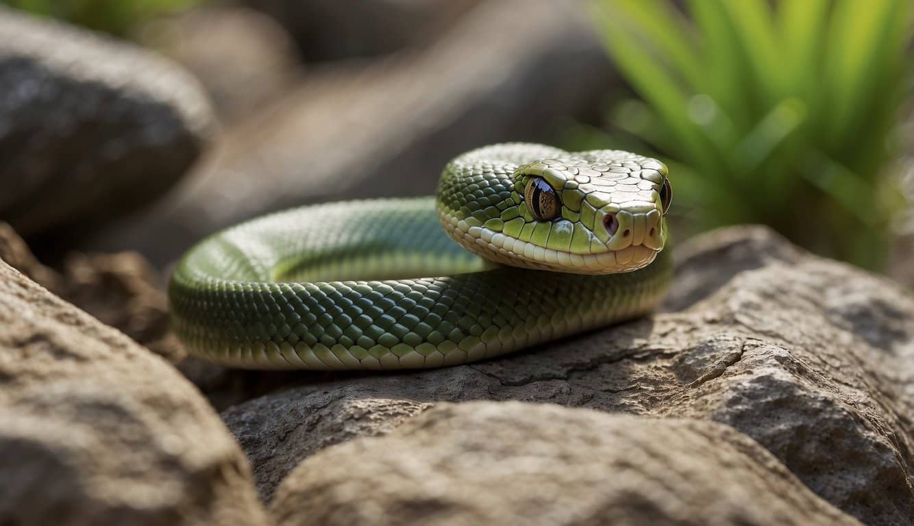 A green baby snake slithers through a rocky terrain, its body coiled and alert, with warning markings on its scales