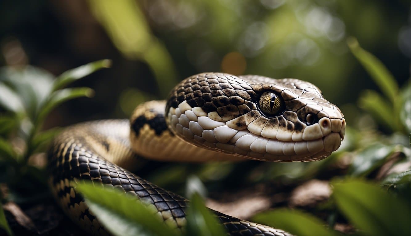 A snake with a loreal pit, flicking its tongue, camouflaged in its natural habitat
