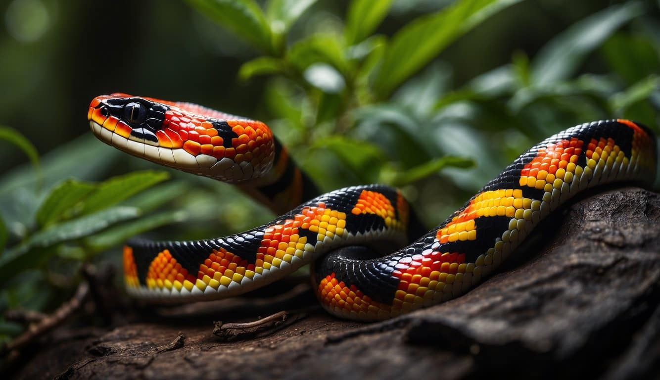 Fundação Cobra Coral: História E Atuação Da Organização 3 A vibrant coral snake slithers through a lush rainforest, its red, black, and yellow scales glistening in the dappled sunlight. The snake's sinuous body winds through the foliage, showcasing the beauty and diversity of the natural world