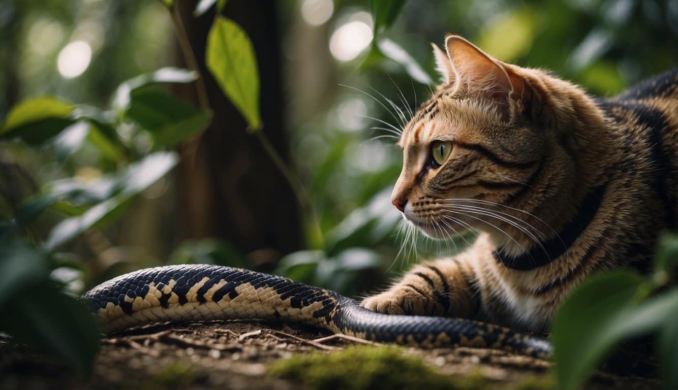 A cat devouring a snake in a jungle setting