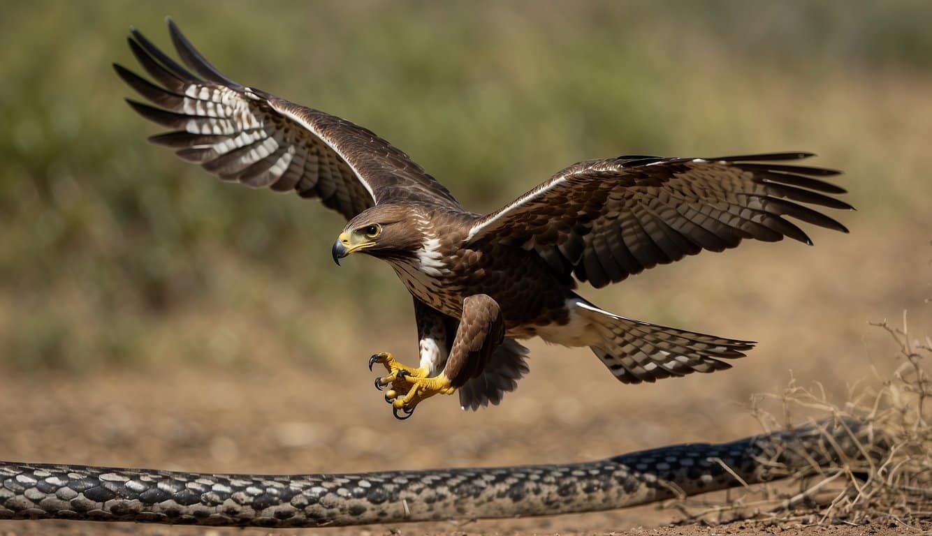 A gaviao hawk swoops down on a snake, capturing it in its talons, symbolizing the cultural and economic significance of this predatory relationship