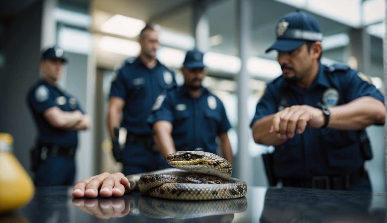 A public health worker handles a snake, while security personnel stand nearby