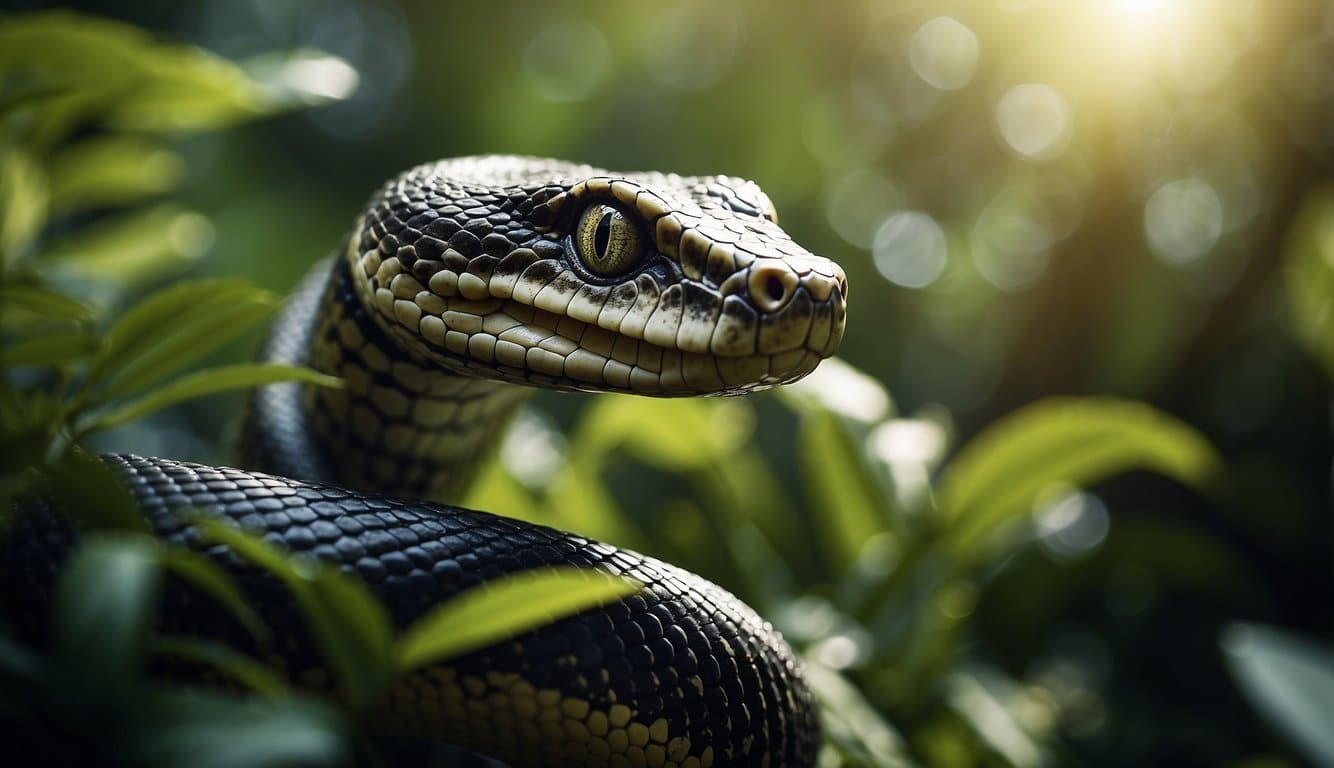 A serpent-like creature slithers through a lush jungle, its scales glistening in the dappled sunlight