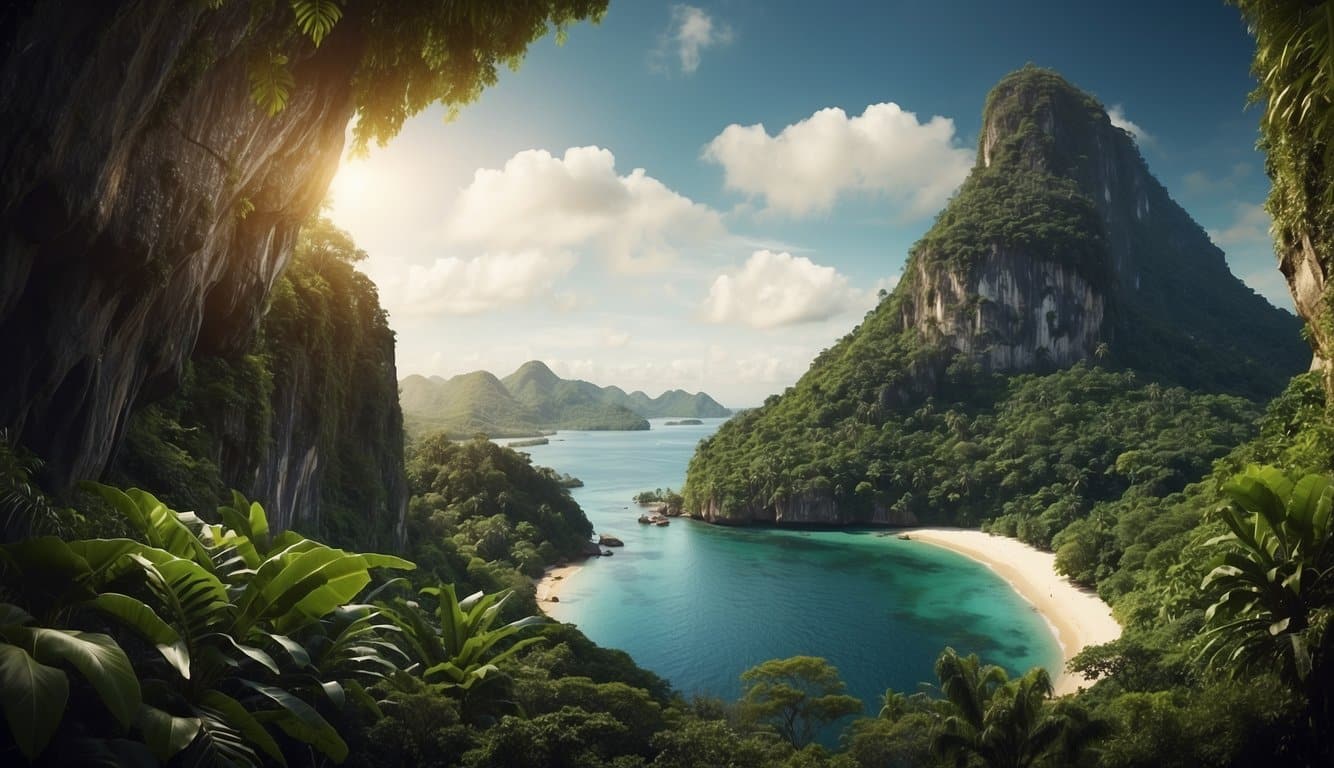 A lush, tropical island with a winding river, dense jungle, and a prominent snake-shaped rock formation, set against a backdrop of a vast, open ocean