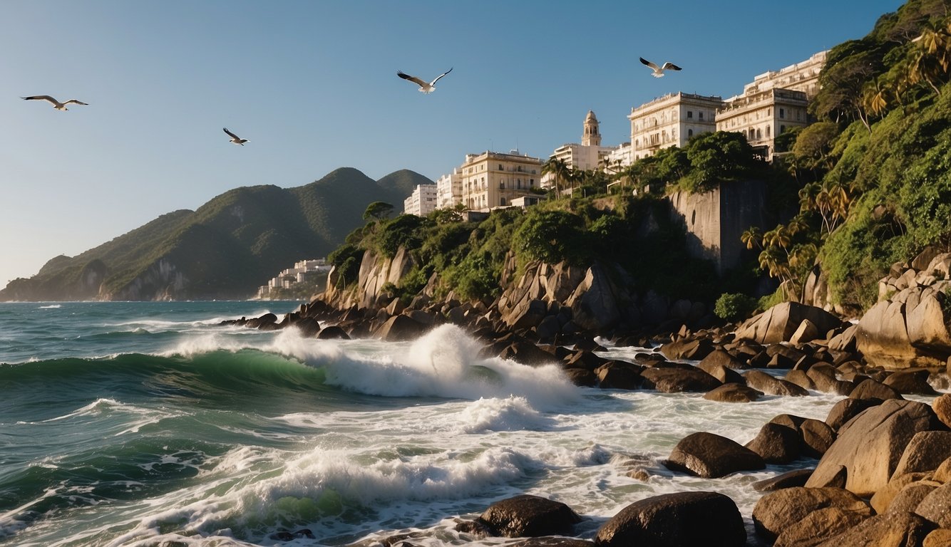 Ilha Das Cobras Rj: Conheça A História E Curiosidades Da Ilha Mais Misteriosa Do Rio De Janeiro 3 Lush greenery surrounds historic buildings on Ilha das Cobras, Rio de Janeiro. Waves crash against the rocky shore, as seagulls circle overhead