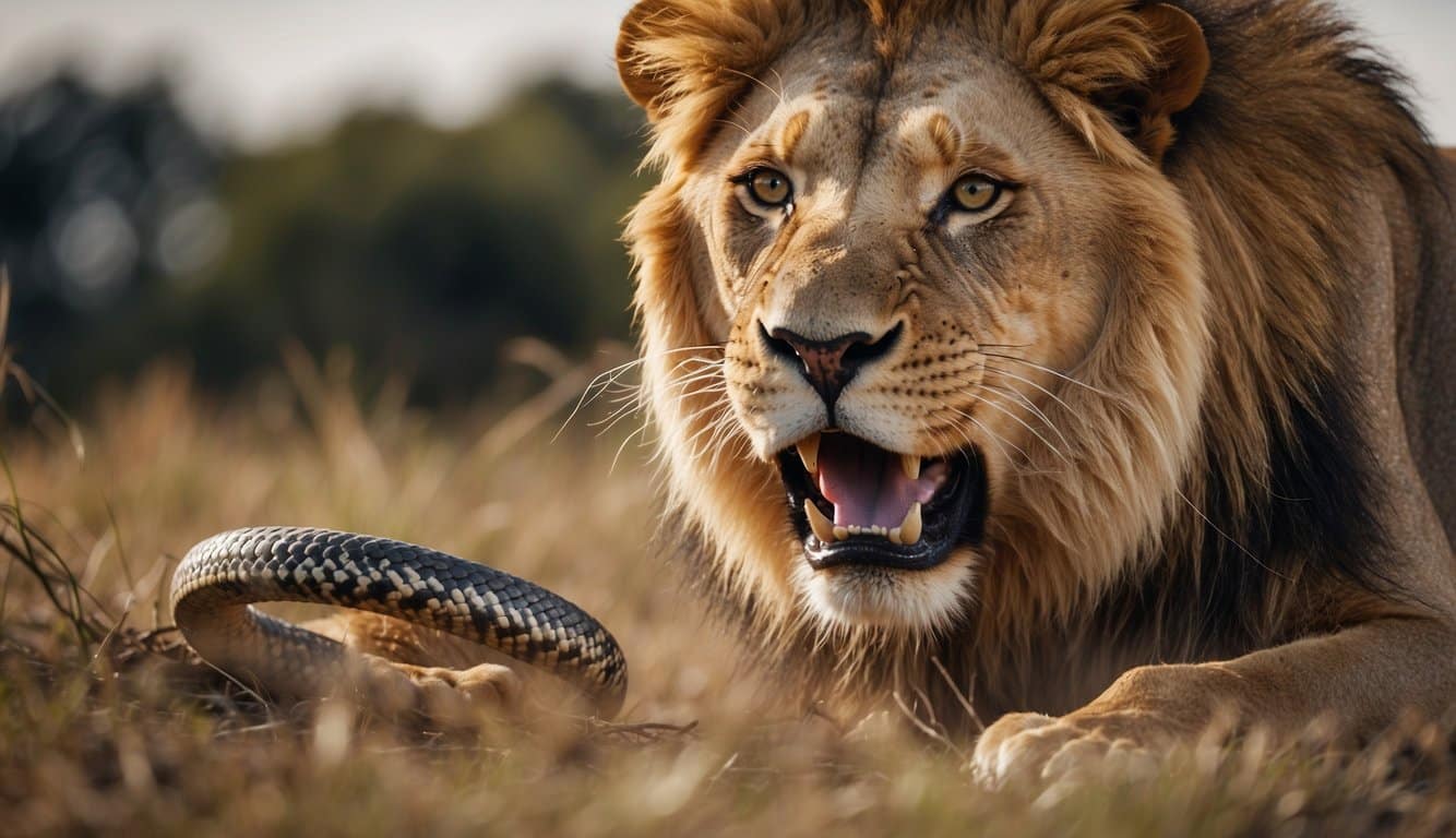 A lion confidently approaches and captures a snake in its powerful jaws, showcasing its predatory behavior and lifestyle