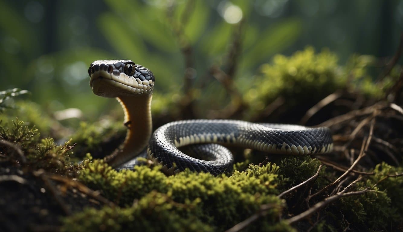 Snakes hunting for prey in the dense underbrush, their tongues flicking out to sense the environment
