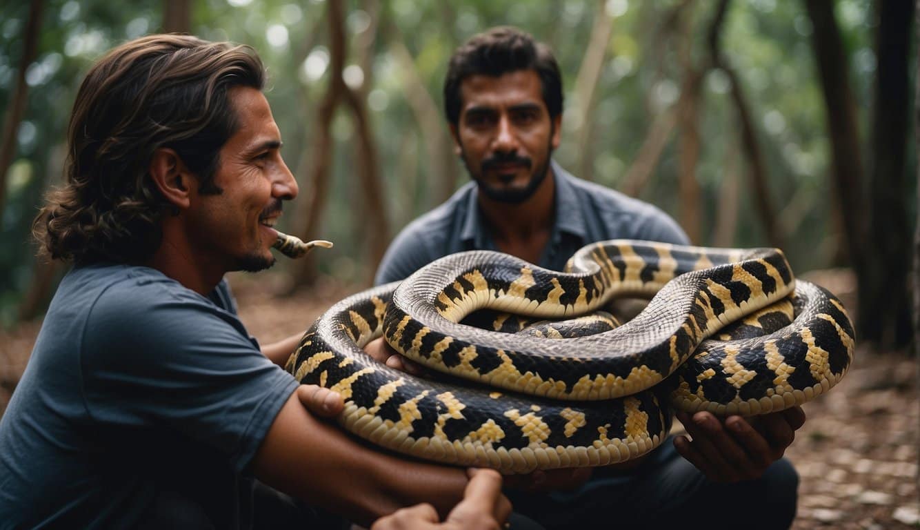 Maiores Cobras Do Brasil: Conheça As Espécies Mais Perigosas E Como Se Proteger 3 A person interacts with large snakes in Brazil