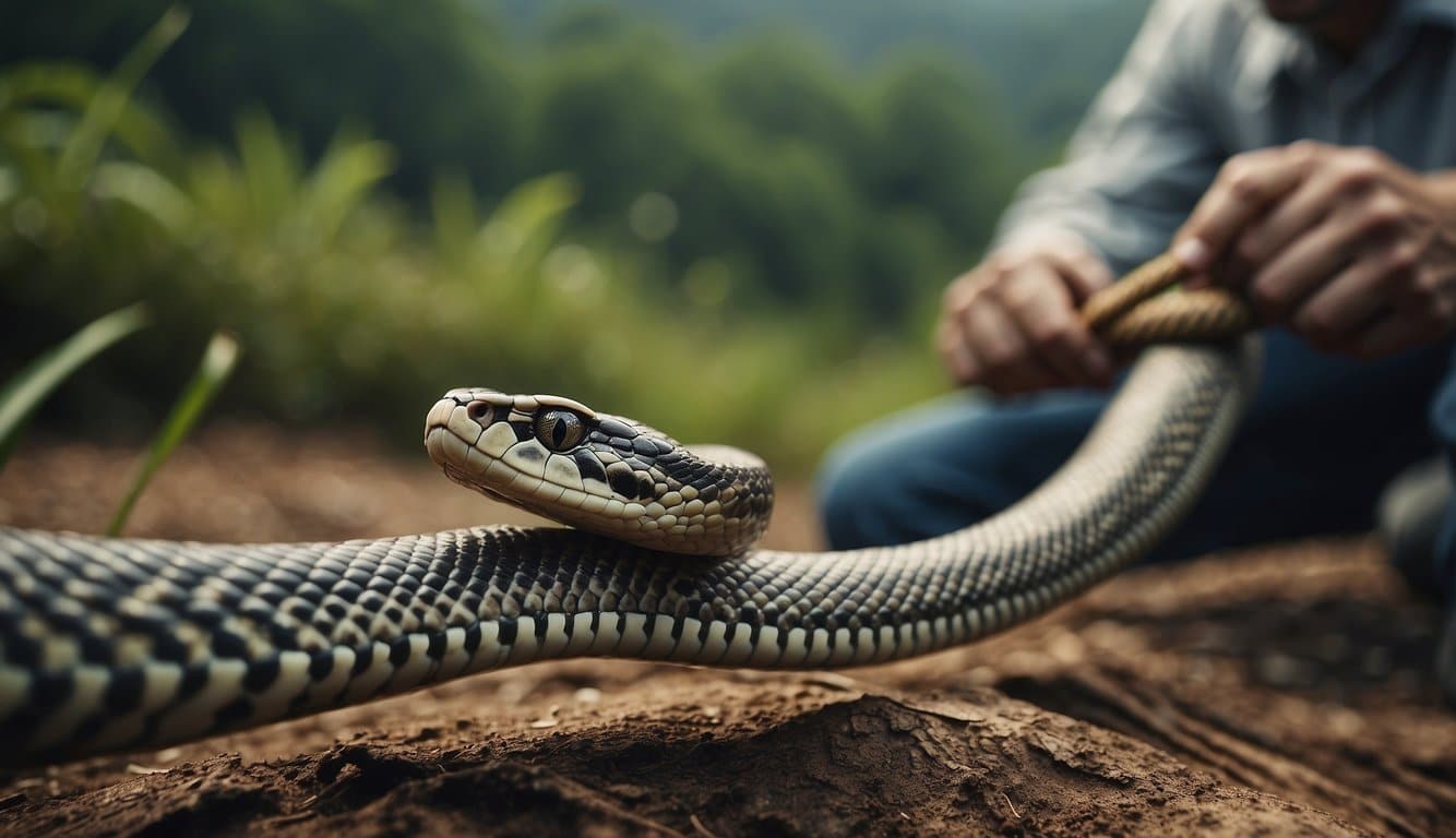 A person is using a long stick to kill a snake, with a dead snake lying nearby