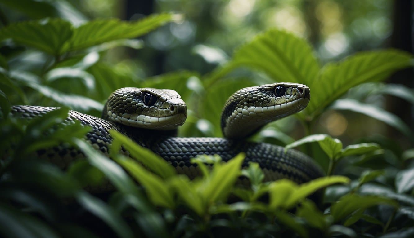 Nome Científico De Cobra: Tudo O Que Você Precisa Saber 3 A snake slithers through a tropical rainforest, blending into the lush green foliage. Its scientific name and geographical distribution are featured in the background