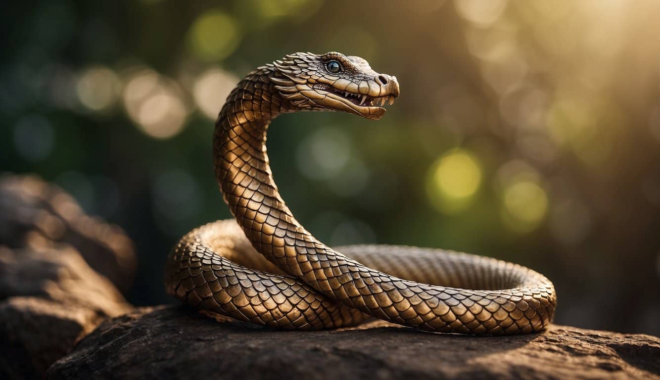 A bronze serpent, symbolizing theological significance, stands tall amidst a symbolic representation of divine wisdom and healing