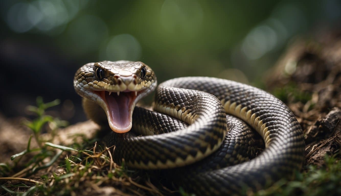 A snake coils around a rodent, preparing to strike and devour its prey. The snake's sharp teeth and menacing gaze show its predatory nature