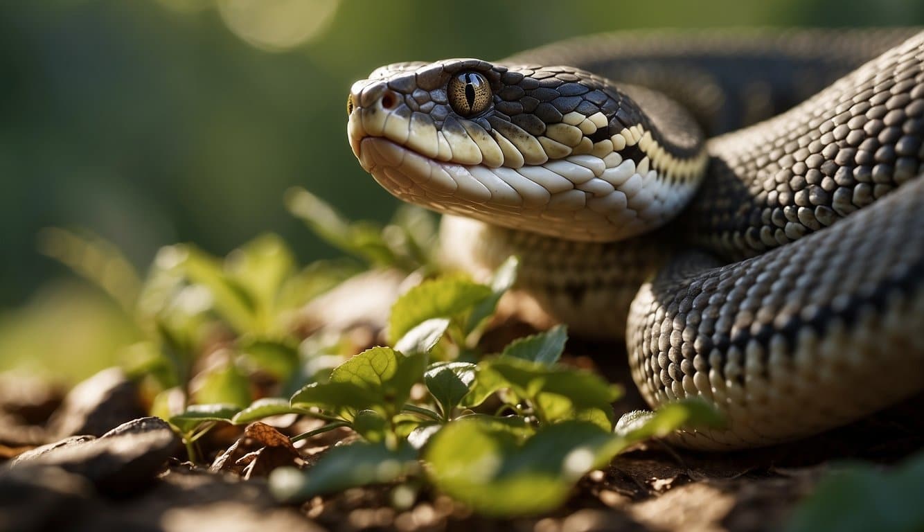 A snake is slithering towards a warm, sunlit rock with a small rodent in its mouth. The surrounding area is filled with dense foliage and the sound of rustling leaves