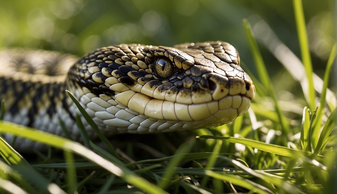 A viper slithers through the grass, its scales glistening in the sunlight as it searches for its next meal