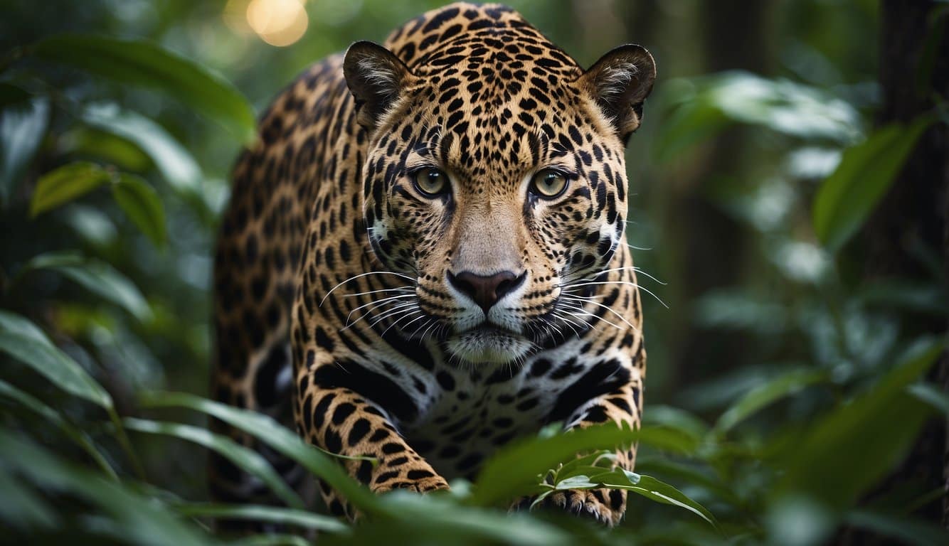 A jaguar is seen in the jungle, hunting and catching a snake for its meal. The jaguar's powerful and sleek form is depicted in the dense foliage