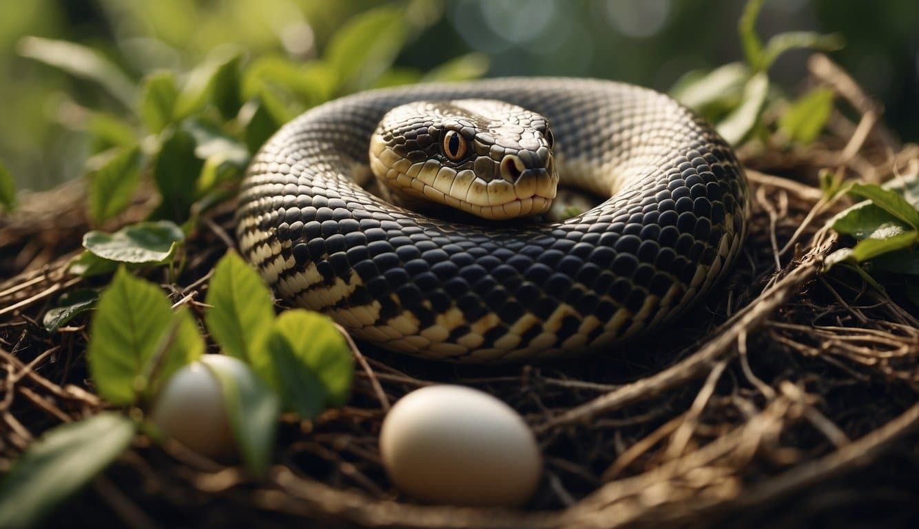 A snake laying eggs in a nest, with a venomous egg visible