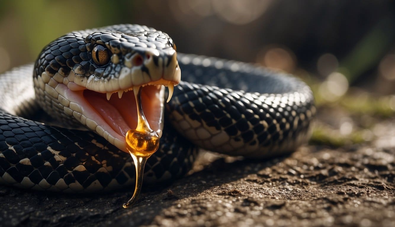 Para Que Serve O Veneno Da Cobra: Descubra Seus Usos E Benefícios 3 A snake's fangs dripping with venom, coiled and ready to strike. A medical kit nearby, with antivenom and bandages