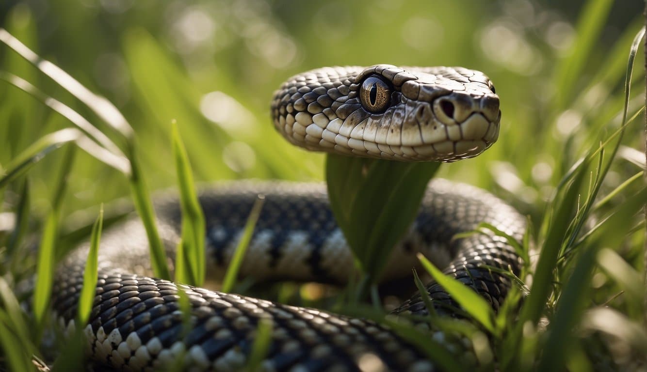 The snake slithers through tall grass, its scales glistening in the sunlight. It raises its head, flicking its tongue as it searches for prey