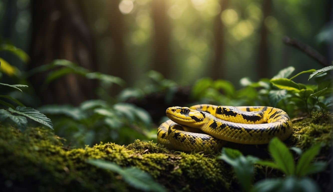 A yellow python slithers through a lush forest, surrounded by signs of human impact
