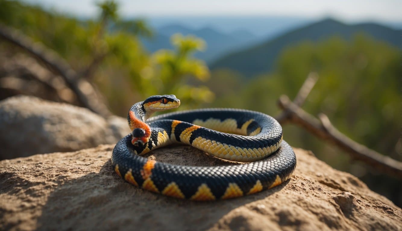 A caboclo point stands among nature, with a coral snake coiled nearby