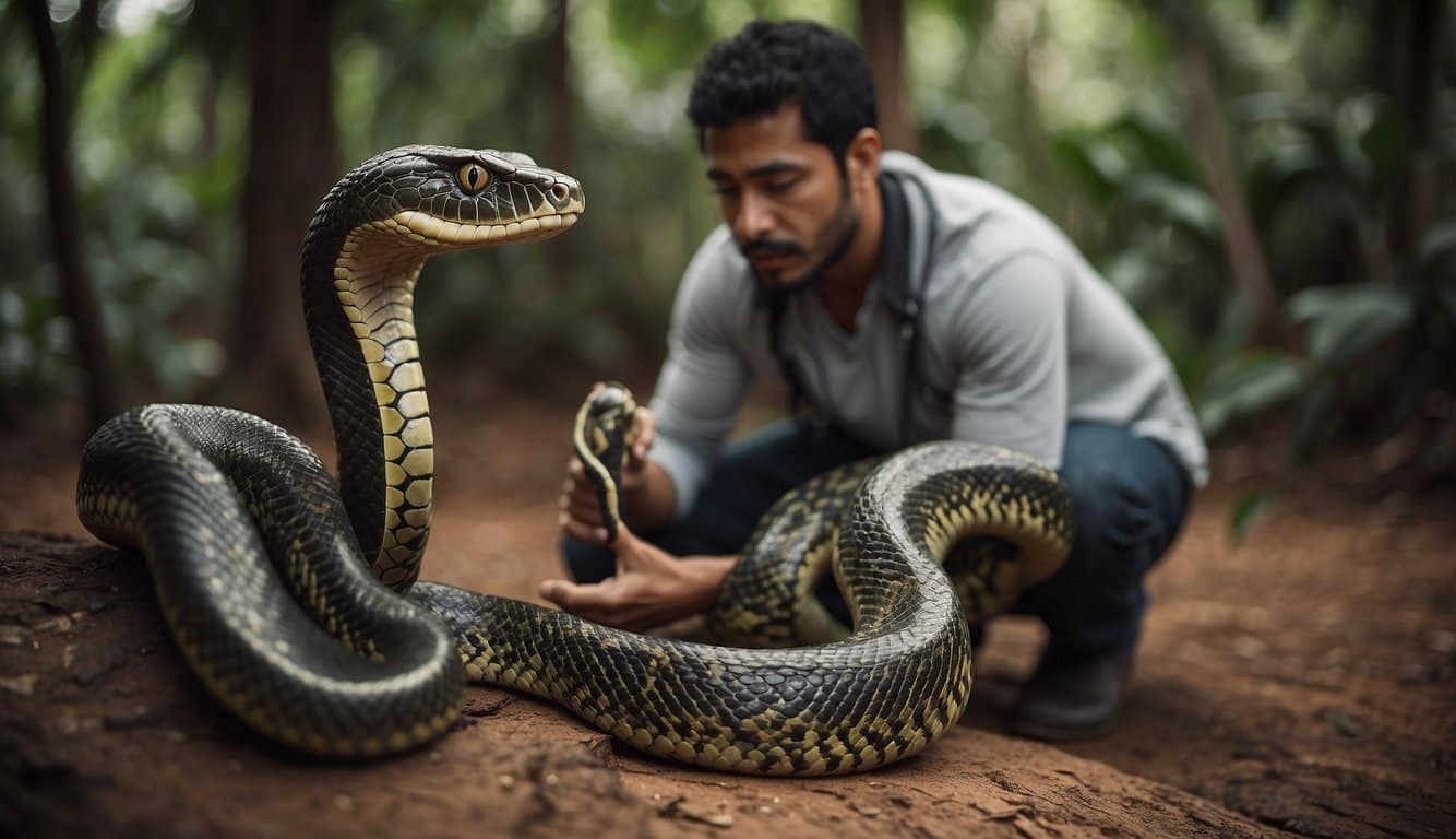 A person interacting with Brazilian snakes, showcasing the largest snake in the country