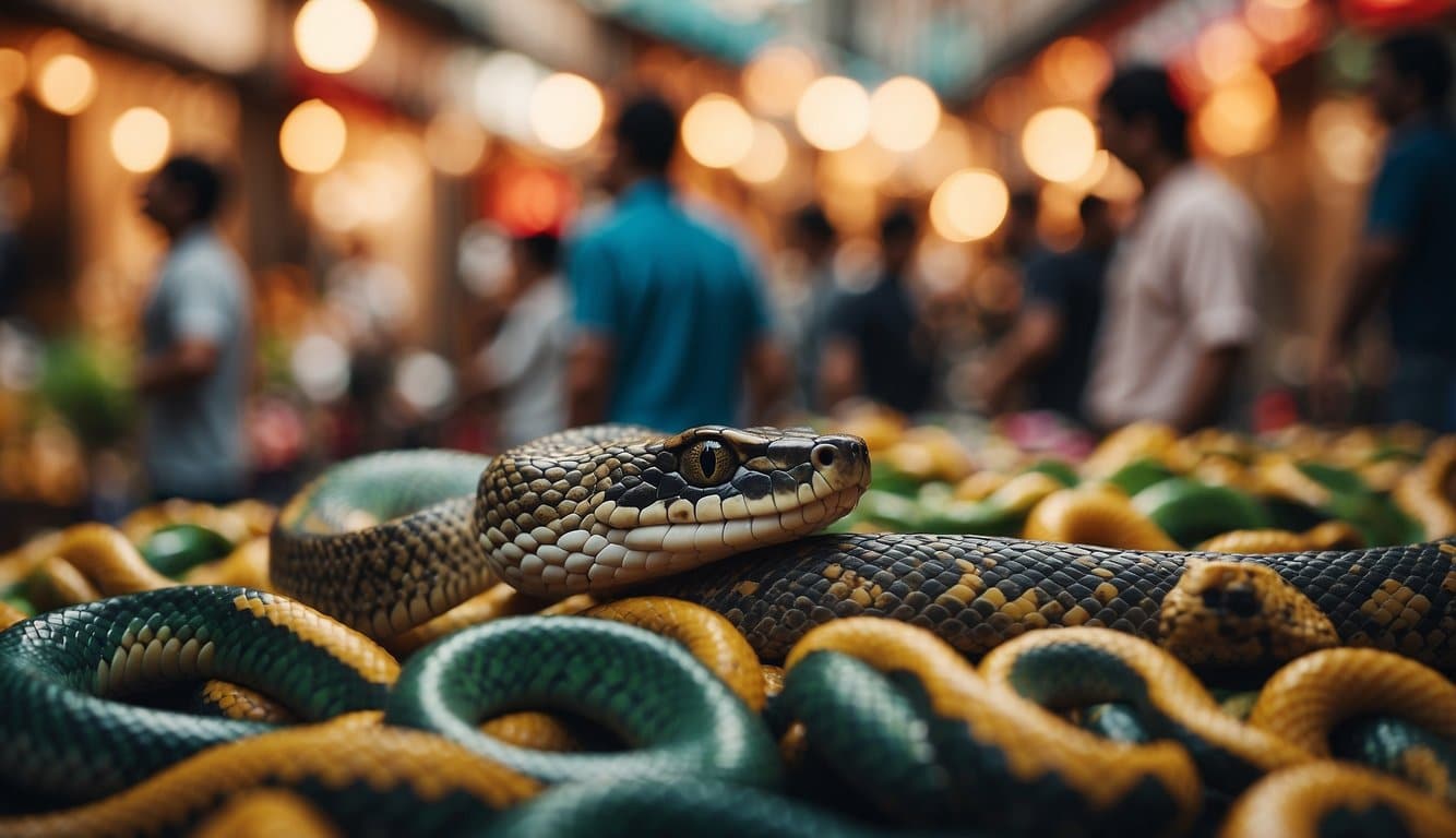 Qual É O Masculino De Cobra? Descubra Aqui 3 A snake slithers through a vibrant cultural marketplace, surrounded by traditional regional artifacts and curious onlookers