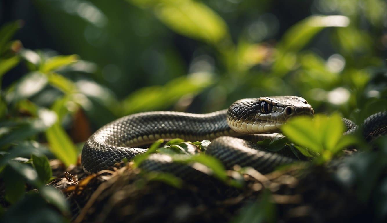 A snake slithers through a lush jungle, its scales glistening in the sunlight. It moves gracefully, blending in with the foliage as it searches for prey