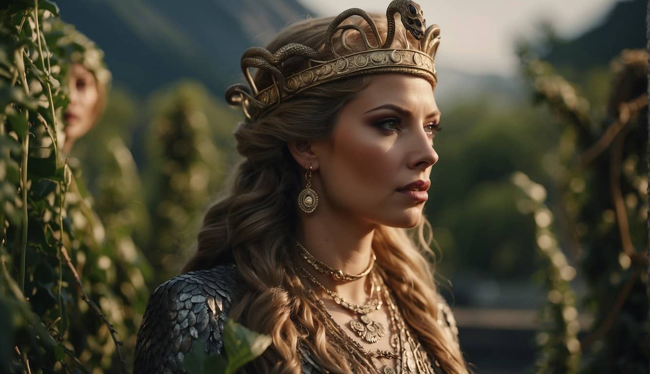 The queen of serpents exudes power, surrounded by twisting vines and coiled snakes, her eyes gleaming with ancient knowledge