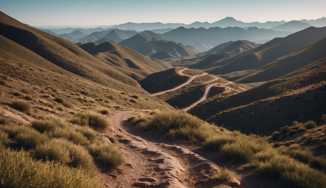 A winding snake trail through rugged terrain, with sharp curves and distinct geographical features