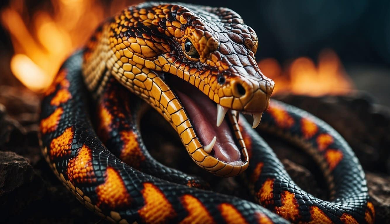 A fiery serpent symbolizes theological interpretations, with vibrant colors and swirling motion