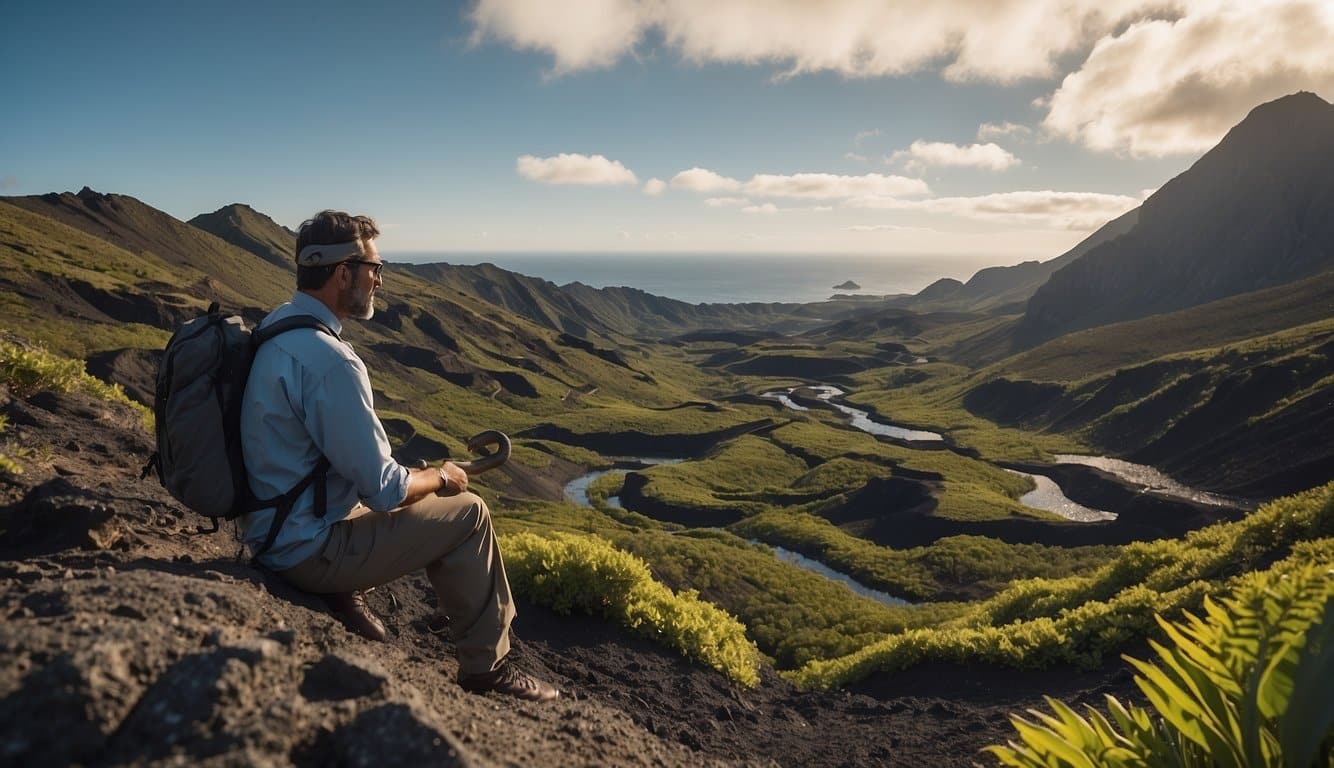 A scientist observes a volcanic island's snake, surrounded by unique flora and fauna. The snake slithers through the rugged terrain, showcasing the island's diverse ecosystem