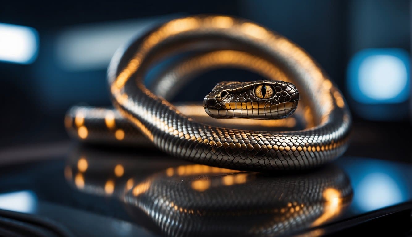 A steel serpent coils around a media device, its sleek body reflecting the light, creating a sense of power and control